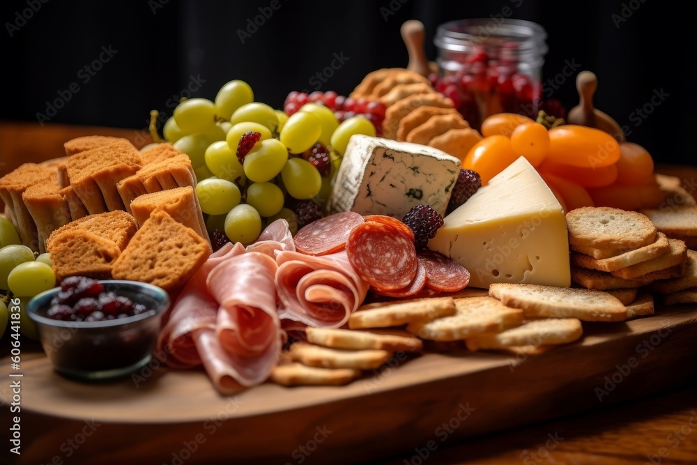 deli ham accompanied by an assortment of cheeses, olives, and crackers on a wooden platter