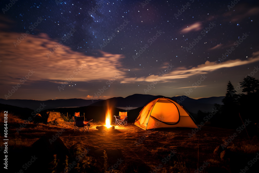 Camping activity, camper setting a yellow tent in the moutains, chairs by campfire, beautiful and majestic landscape at night, sky full of stars, Generative AI