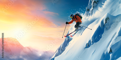 Extreme skier descending down a rocky mountain. Generative AI