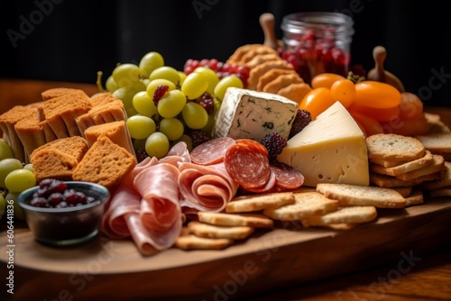 deli ham accompanied by an assortment of cheeses, olives, and crackers on a wooden platter