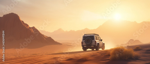 Safari and travel to Africa extreme adventures or science expedition in a stone desert, Sahara desert at sunrise mountain landscape with dust on skyline hills and traces of the off-road car  © alisaaa