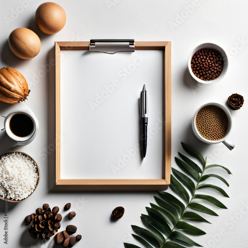 Das Bild zeigt ein einfaches Flatlay, bei dem ein Block mit einem Stift von verschiedenen Gewürzen und Gemüse umrahmt ist. Das Arrangement schafft eine ästhetische natürliche Komposition photo