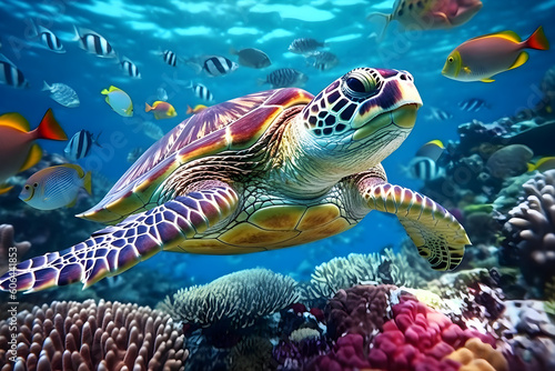 A sea turtle swimming in the ocean surrounded by colorful coral reef and tropical fish, close up shot, summertime, environment, biodiversity concept. Generative AI
