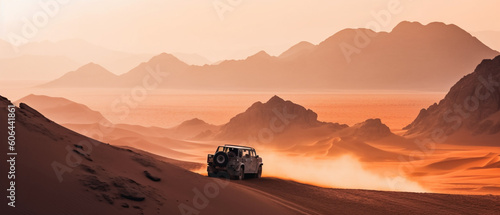 Safari and travel to Africa extreme adventures or science expedition in a stone desert, Sahara desert at sunrise mountain landscape with dust on skyline hills and traces of the off-road car