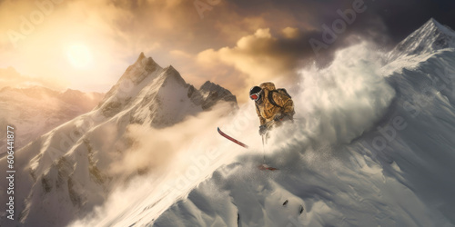 Extreme skier descending down a rocky mountain. Generative AI © Farnaces