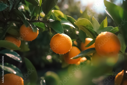 Close up, picking citrus, citrus fruit, oranges and mandarin, sunny weather, illustration. Generative AI. Tangerine, mandarine, garden, plant and fruit, food and meal, image