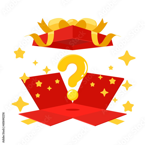 Red mystery gift box with a yellow ribbon on white background. Random secret loot box isometric concept. Vector illustration cartoon flat design.	
