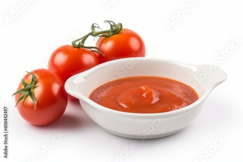 Tasty tomato sauce in ceramic bowl with fresh ripe tomatoes isolated on white background,