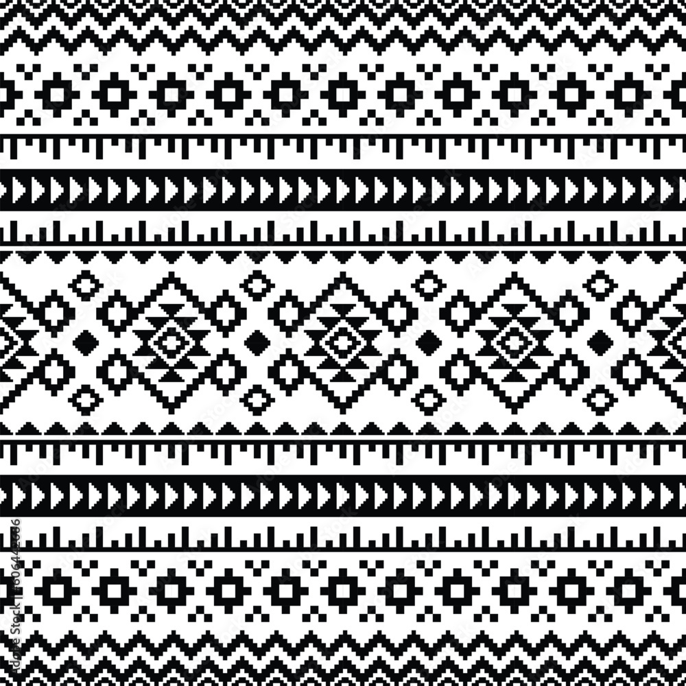 Traditional seamless ethnic pattern. Pixel pattern with Native American tribal motive. Border ornament. Black and white color. Design for textile, fabric, clothing, curtain, rug, ornament, background.