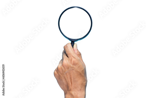 hand holding a magnifying glass isolated on white background, Clipping path