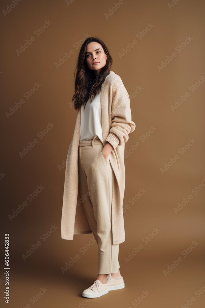 A beautiful woman in a long beige cardigan keeps her hand in her pocket standing against a beige background. Photorealistic illustration generative AI. A beautiful woman in a long beige cardigan keeps her hand in her pocket standing against a beige background. Photorealistic illustration generative AI.