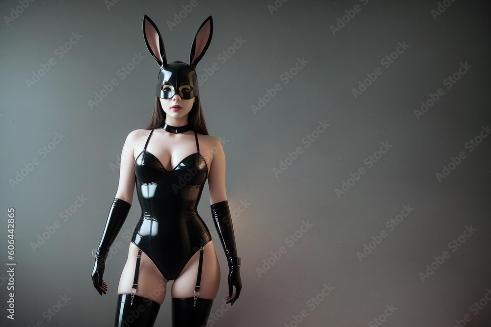 Woman dressed in latex leather suit and bunny mask for adult bdsm games. Generative AI