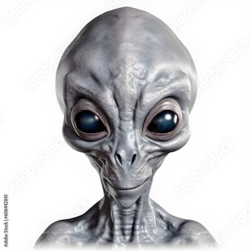 A grey alien with a large head and large eyes isolated on transparent background. Alien head. 