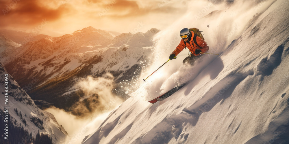 Extreme skier descending down a rocky mountain. Generative AI Extreme skier descending down a rocky mountain. Generative AI