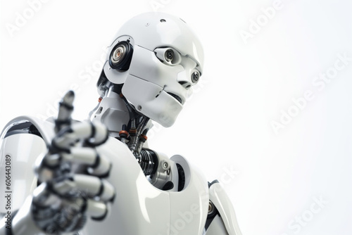 Robot looking at his hand on white background