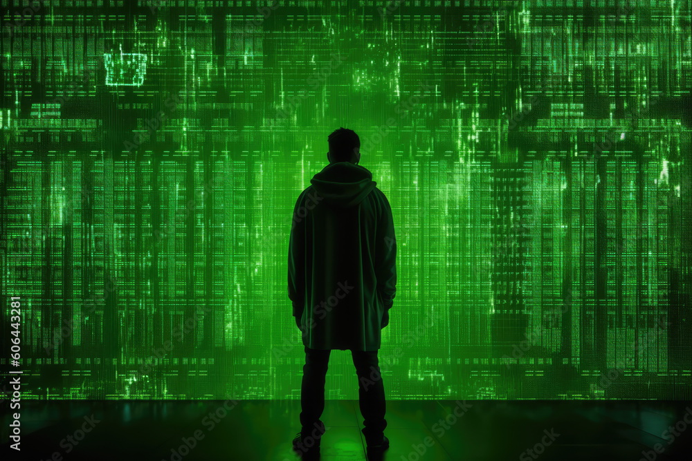 A hacker's silhouette with a glowing green binary code projected onto a futuristic, translucent screen, symbolizing the stealthy infiltration of digital systems A hacker's silhouette with a glowing green binary code projected onto a futuristic, translucent screen, symbolizing the stealthy infiltration of digital systems