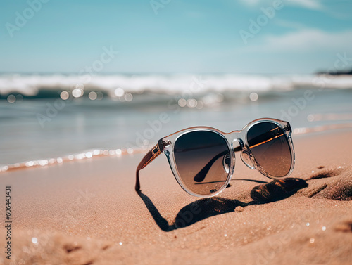 Sunglasses lying on the sand at the beach, free tourism concept