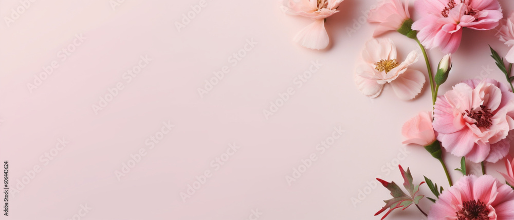 Top view pink flowers composition over pastel background with copy space