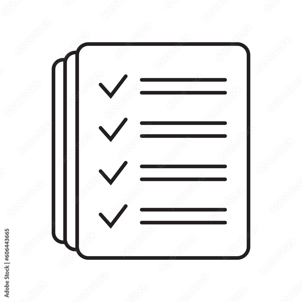 Checklist vector icon in line art style. Document icon, questionnaire icon. Text document vector icon, design element. Checklist vector icon in line art style. Document icon, questionnaire icon. Text document vector icon, design element.