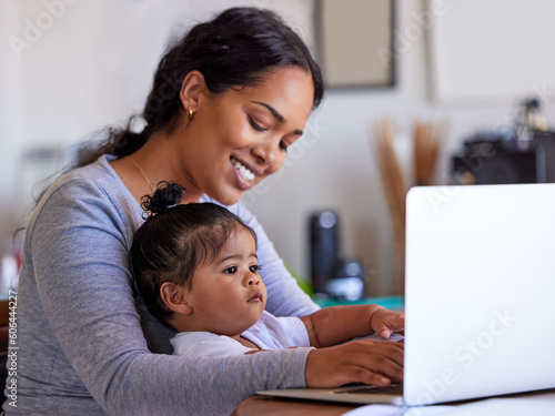 Laptop, baby and work from home mom typing, child care and planning business, job and family support or parent multitask. Computer of happy woman, busy mother or freelance person for career and child