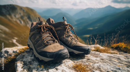 Trekking boots stand on a rock