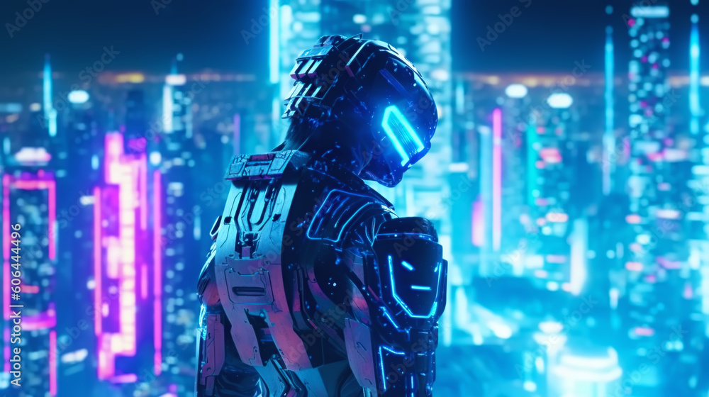 illustration of a robot on the background of a fantastic city of the future