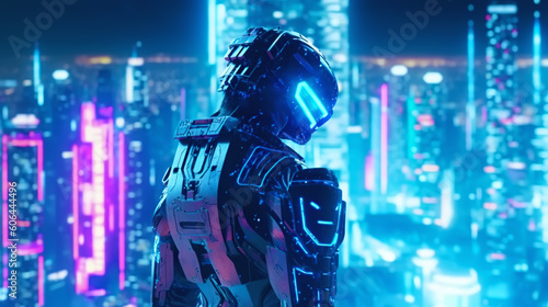 illustration of a robot on the background of a fantastic city of the future