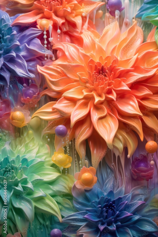 multicolored decorative background with close-up flowers and liquid paint, ai generated image