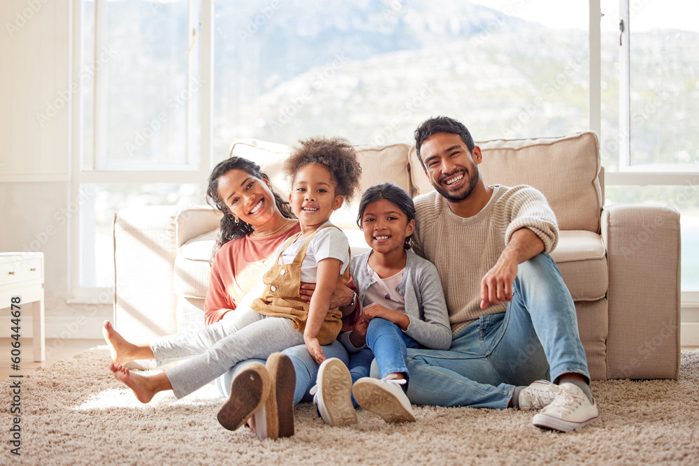 Φωτογραφία Happy, love and portrait of a family in the living room sitting on the carpet in their house