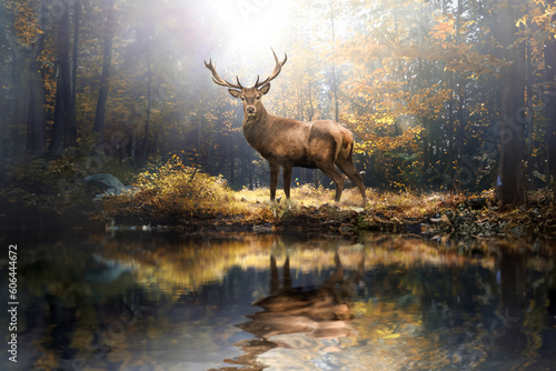 Stolzer Hirsch im herbstlichen Wald vor einem Wasserloch photo