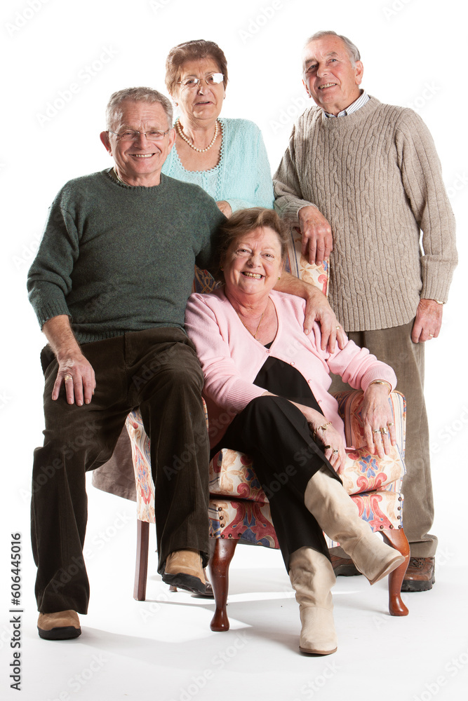 Senior Citizens: Relaxed Friends. A group of relaxed senior adults with natural smiles. Full length portrait, isolated on white. From a series. Senior Citizens: Relaxed Friends. A group of relaxed senior adults with natural smiles. Full length portrait, isolated on white. From a series.