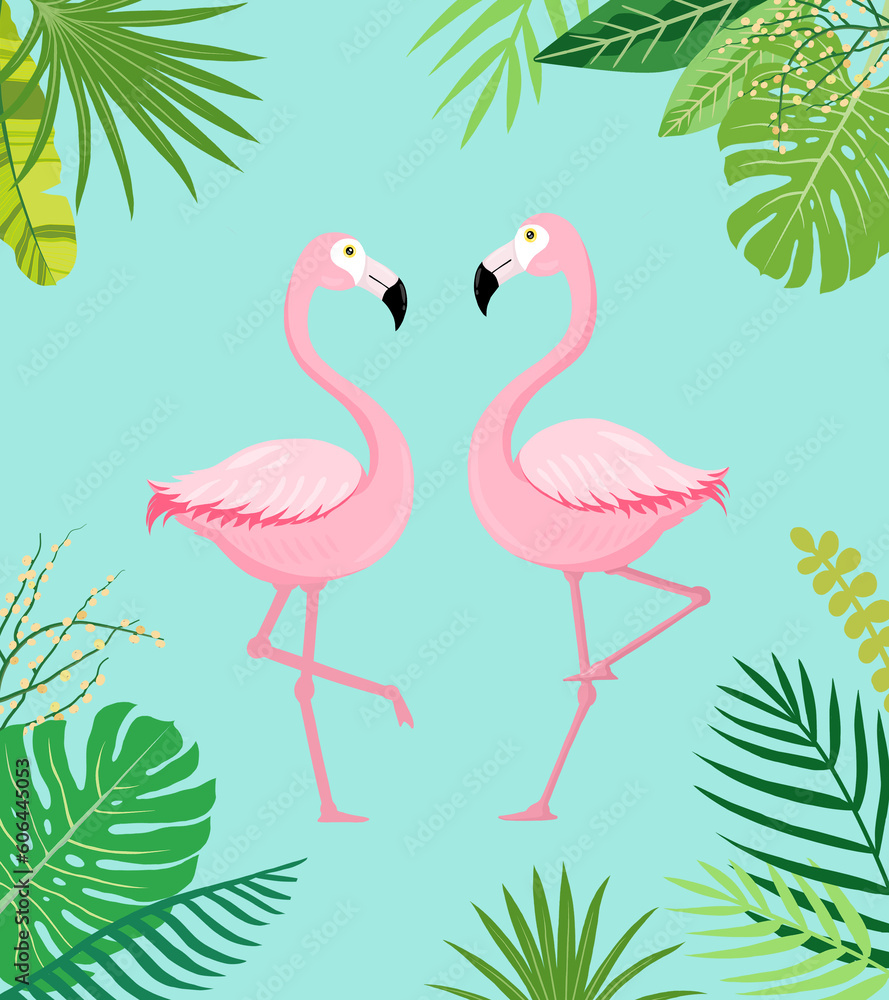 Fototapeta premium Flamingo and tropical plants illustration, 플라밍고와 열대 식물 일러스트