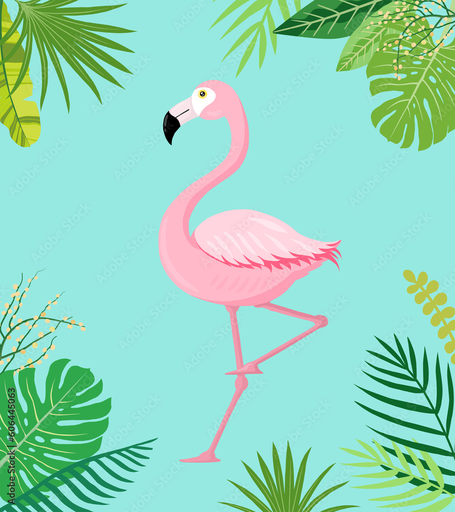 Fototapeta premium Flamingo and tropical plants illustration, 플라밍고와 열대 식물 일러스트