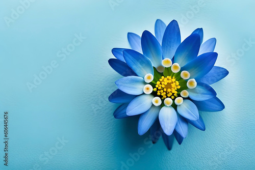 Top view  Blue forget-me-not head on sky blue background  flat lay