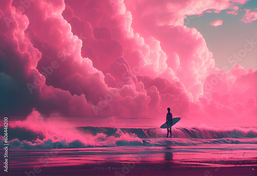 big seaside pink sky and doing surfing Generative AI