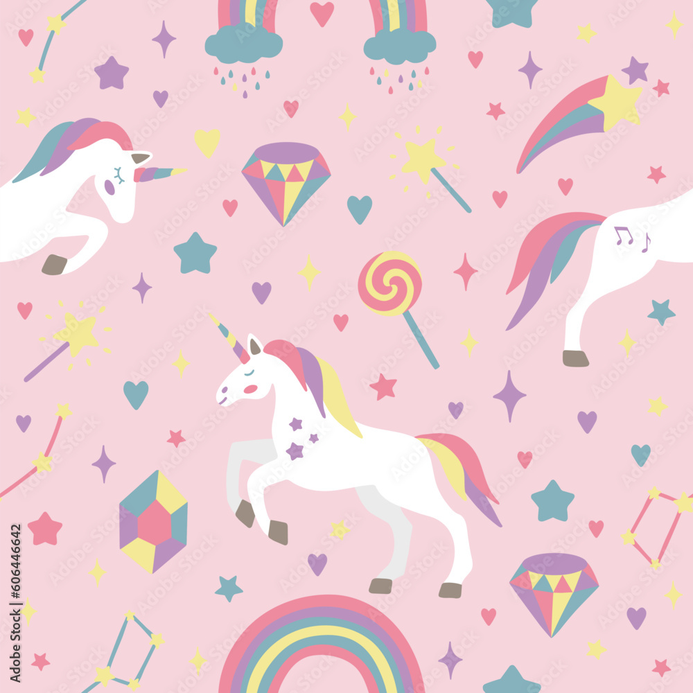 Seamless vector pattern with cute unicorns on a floral background. Ideal for textiles, wallpapers or prints. Seamless vector pattern with cute unicorns on a floral background. Ideal for textiles, wallpapers or prints.