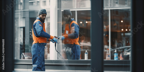 A male window cleaner at a shop window cleans the entrance group. Generative AI	
