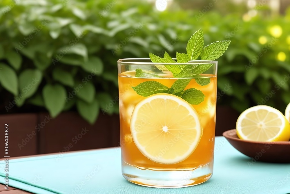 A glass of iced tea with lemons and mint leaves on a blue table. Generative AI A glass of iced tea with lemons and mint leaves on a blue table. Generative AI