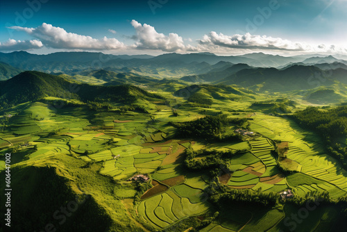 Aerial drone view of the endless green fields and hills of the countryside. Generative AI 