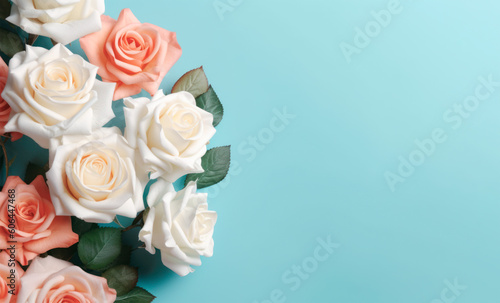 Bouquet of Roses on Light Blue Background. Flowers with Copy Space. Generative AI.  © Alma