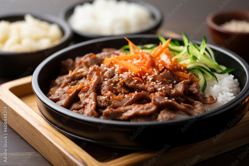 A sizzling hot plate of bulgogi, thinly sliced strips of marinated beef grilled. (Generative AI) A sizzling hot plate of bulgogi, thinly sliced strips of marinated beef grilled. (Generative AI)
