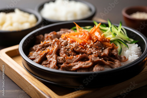 A sizzling hot plate of bulgogi, thinly sliced strips of marinated beef grilled. (Generative AI) photo