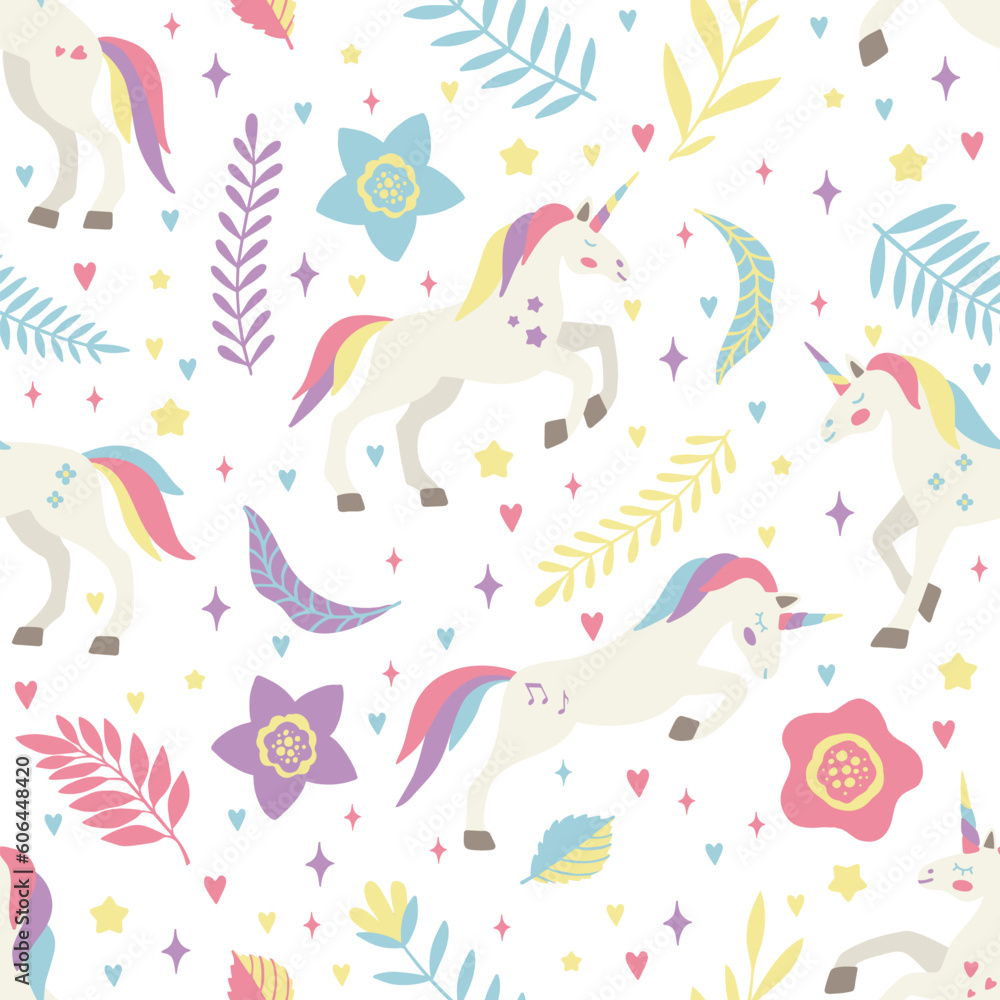 Seamless vector pattern with cute unicorns on a floral background. Ideal for textiles, wallpapers or prints.