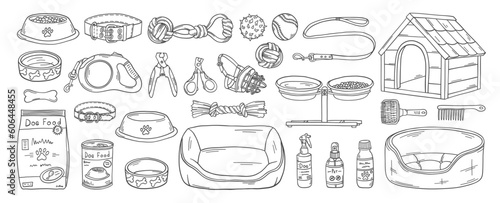 Pet shop doodles set. Dog care products. Veterinary accessories. Dog food bowl. Pet supplies. Puppy toys and treats. Dog collar, leash, muzzle. Grooming supplies. Kennel.