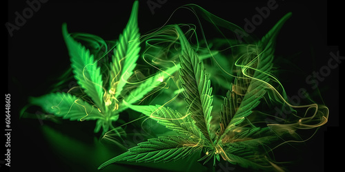 cannabis marijuana leaves with smoke in colored neon light on black background close-up. Generative AI illustration photo