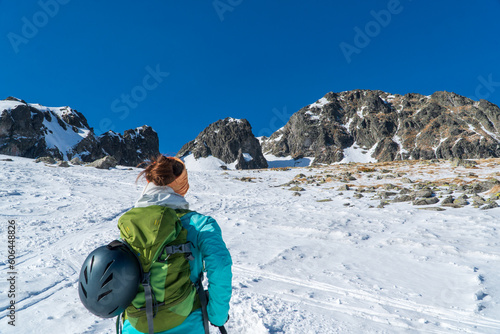Fototapeta Naklejka Na Ścianę i Meble -  Ski touring in high alpine landscape with snowy trees. Adventure, winter activities, skitouring in spectacular mountains, Tatras mountain in Slovakia and poland Europe