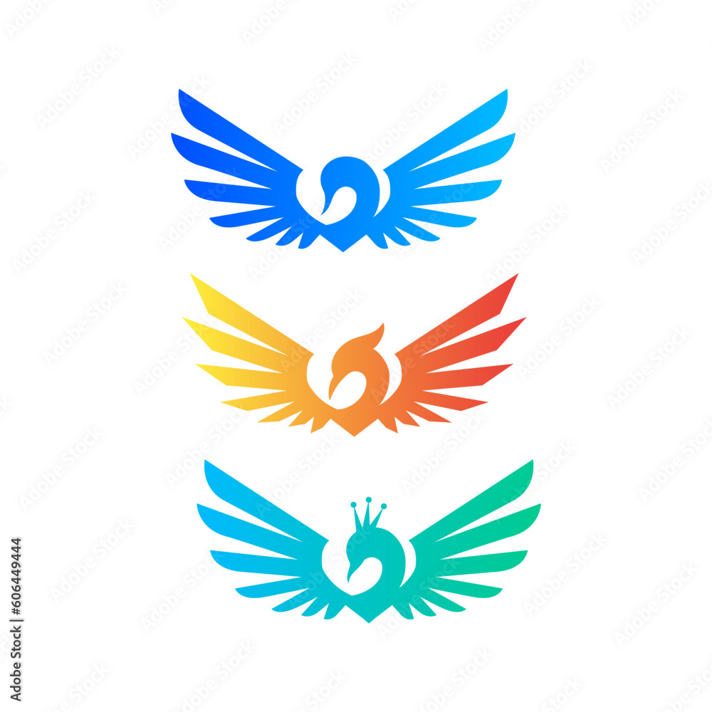 vector illustration of peacock, phoenix, swan for an icon, symbol or logo. collection of bird logos 