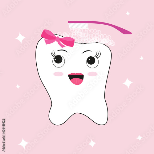 tooth on pink background. Tooth with a bow