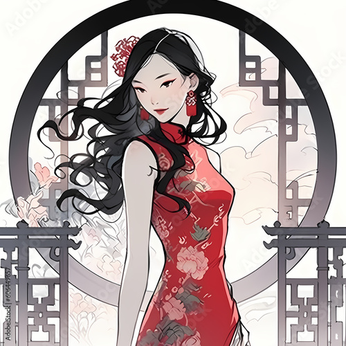 AI-generated cartoon Chinese style beauty in cheongsam