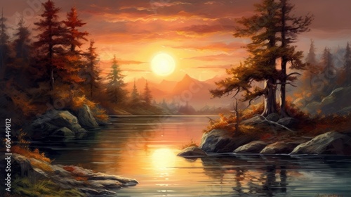 Watercolor landscapes at sunset